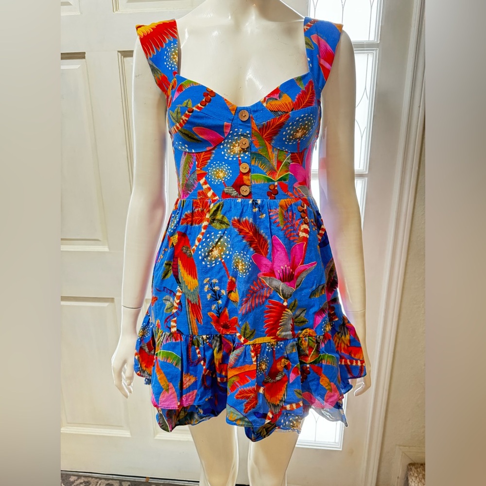 FARM RIO 100%Cotton Macaw Tropical Blue Floral Party Mini Dress Size XS - Picture 2 of 14